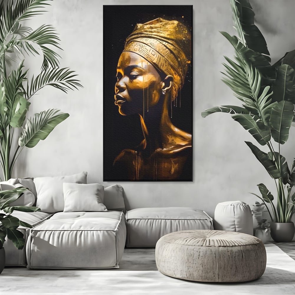 Tablou Canvas Premium LuxCanva® A1409, Golden African ,  Room, Femeie, Auriu, Decorativ, Studio, Culori Vibrante