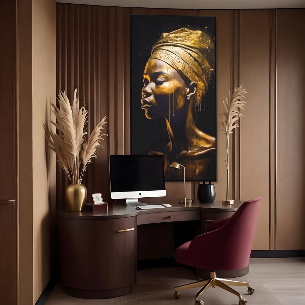 Tablou Canvas Premium LuxCanva® A1409, Golden African ,  Room, Femeie, Auriu, Decorativ, Studio, Culori Vibrante