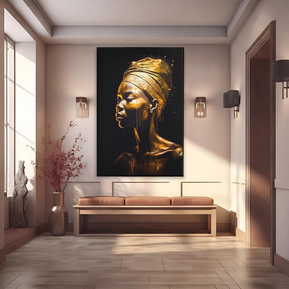Tablou Canvas Premium LuxCanva® A1409, Golden African ,  Room, Femeie, Auriu, Decorativ, Studio, Culori Vibrante
