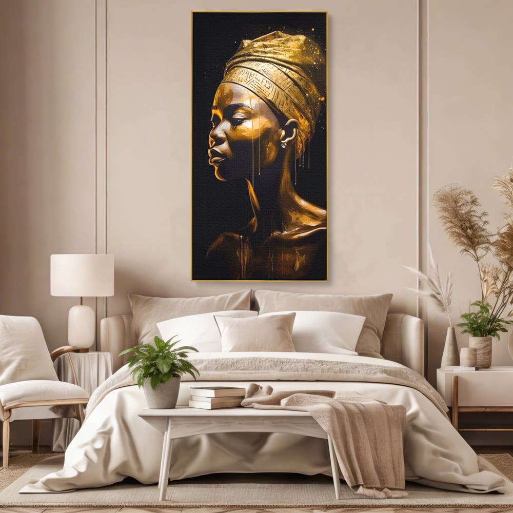 Tablou Canvas Premium LuxCanva® A1409, Golden African ,  Room, Femeie, Auriu, Decorativ, Studio, Culori Vibrante