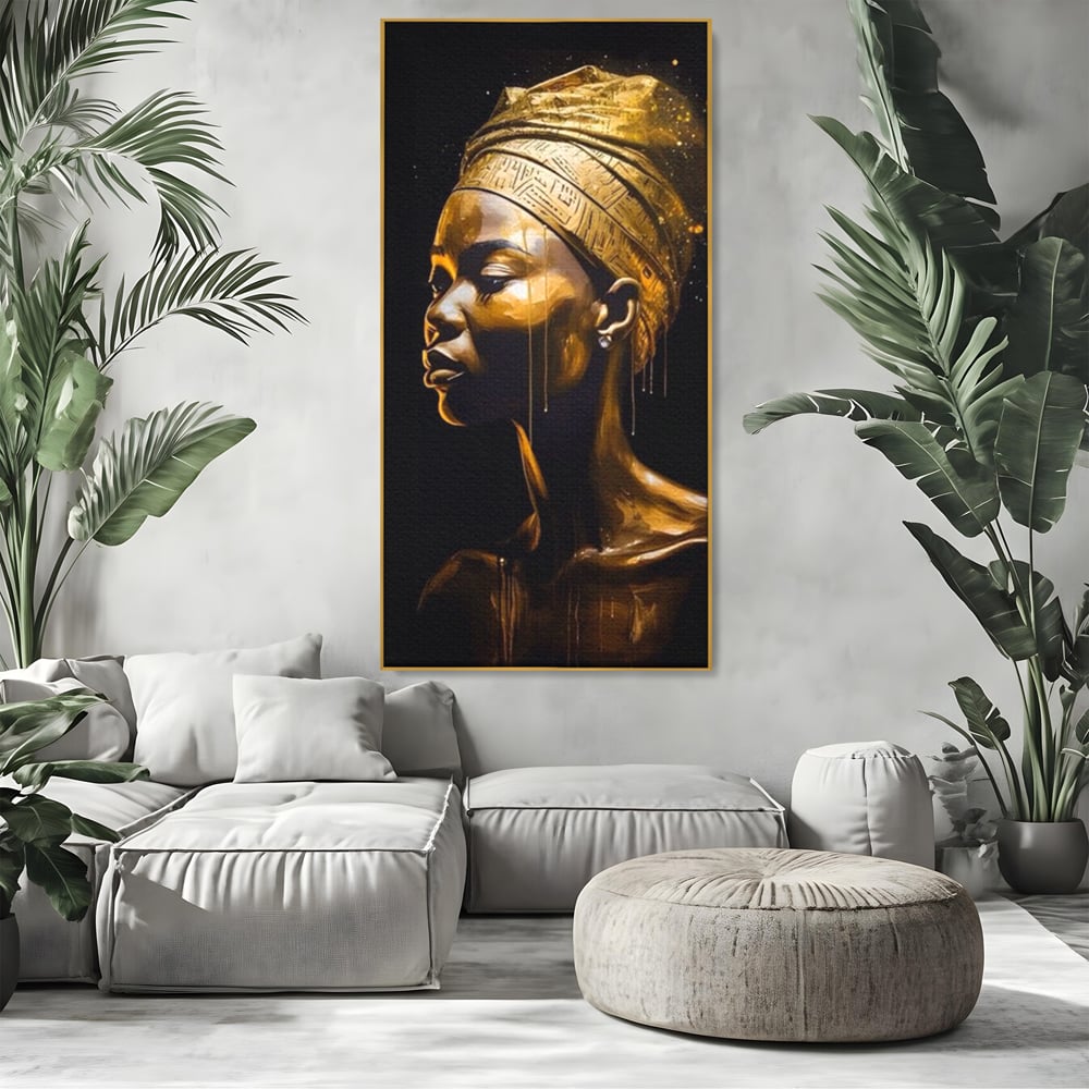 Tablou Canvas Premium LuxCanva® A1409, Golden African ,  Room, Femeie, Auriu, Decorativ, Studio, Culori Vibrante