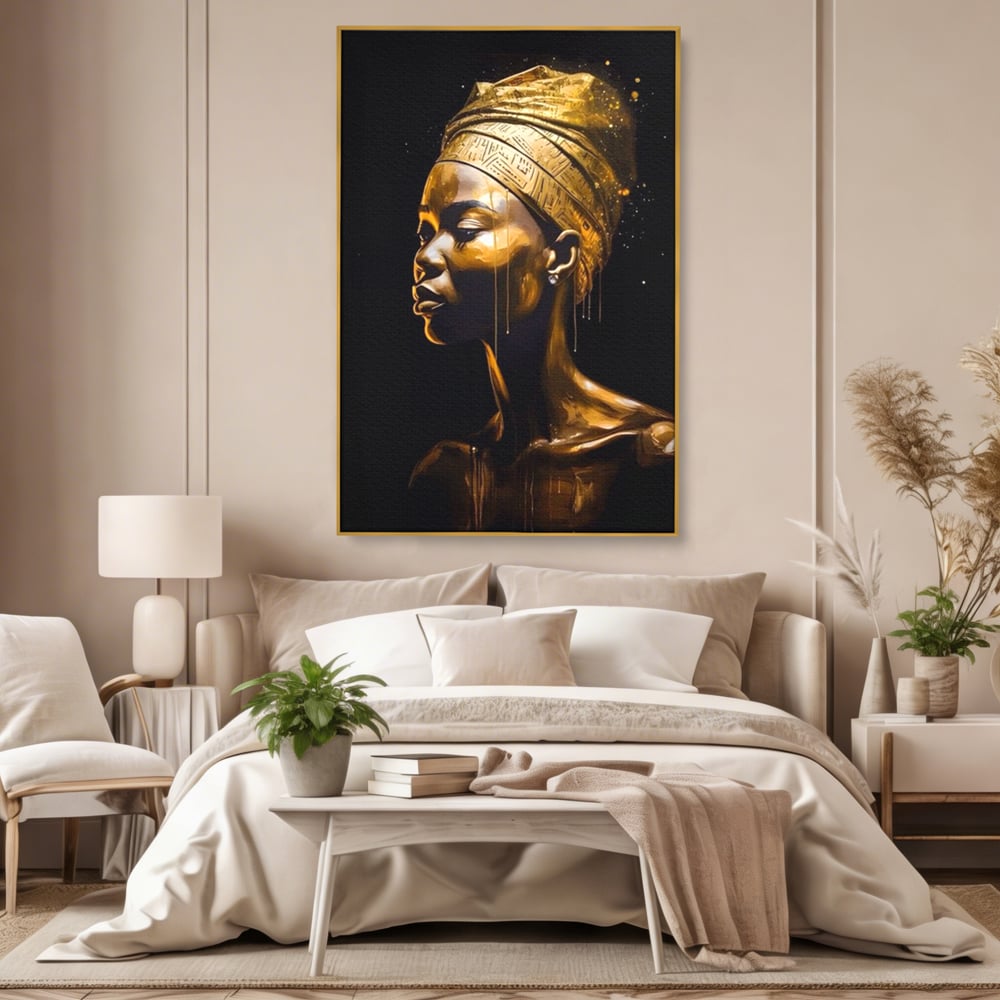 Tablou Canvas Premium LuxCanva® A1409, Golden African ,  Room, Femeie, Auriu, Decorativ, Studio, Culori Vibrante