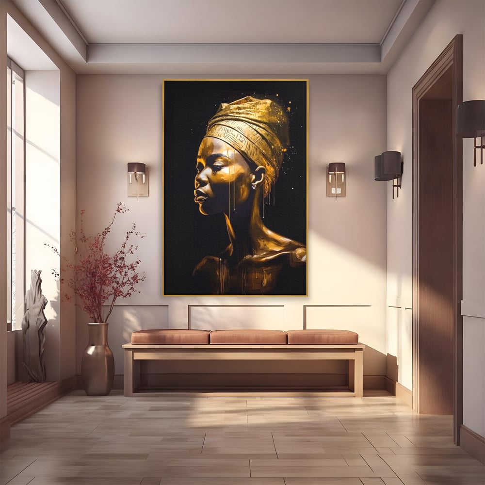 Tablou Canvas Premium LuxCanva® A1409, Golden African ,  Room, Femeie, Auriu, Decorativ, Studio, Culori Vibrante