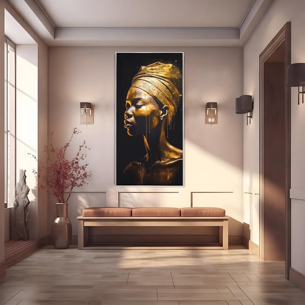 Tablou Canvas Premium LuxCanva® A1409, Golden African ,  Room, Femeie, Auriu, Decorativ, Studio, Culori Vibrante