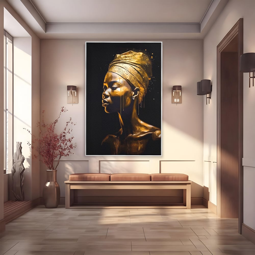 Tablou Canvas Premium LuxCanva® A1409, Golden African ,  Room, Femeie, Auriu, Decorativ, Studio, Culori Vibrante