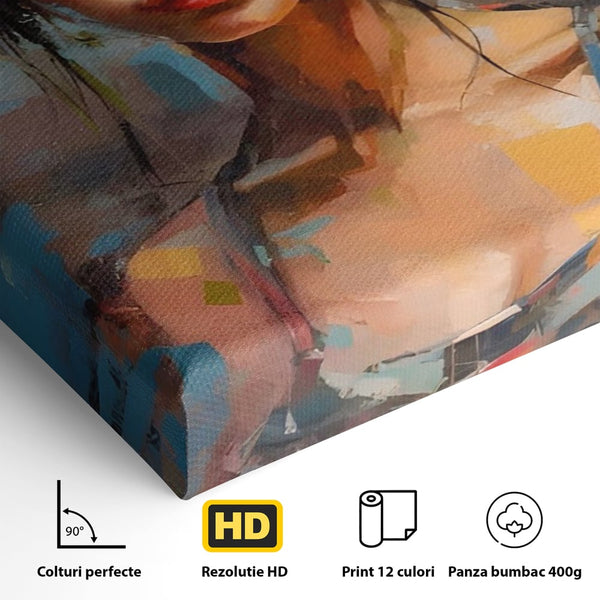 Tablou Canvas Premium LuxCanva® A1410, Fata Cu Flori In Par , Room, Femeie, Frumusete, Senzualitate, Decorativ, Studio, Culori Vibrante