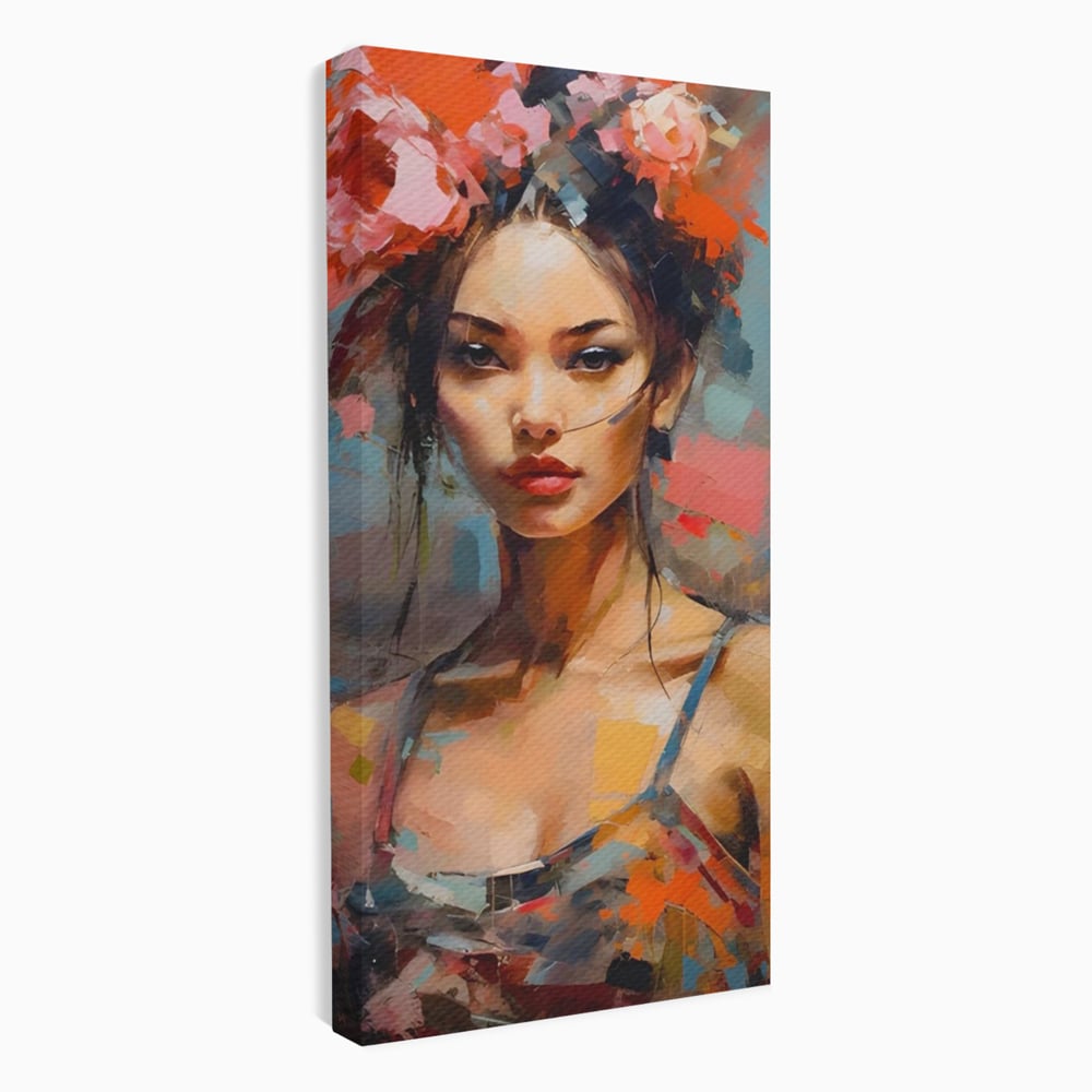 Tablou Canvas Premium LuxCanva® A1410, Fata Cu Flori In Par , Room, Femeie, Frumusete, Senzualitate, Decorativ, Studio, Culori Vibrante