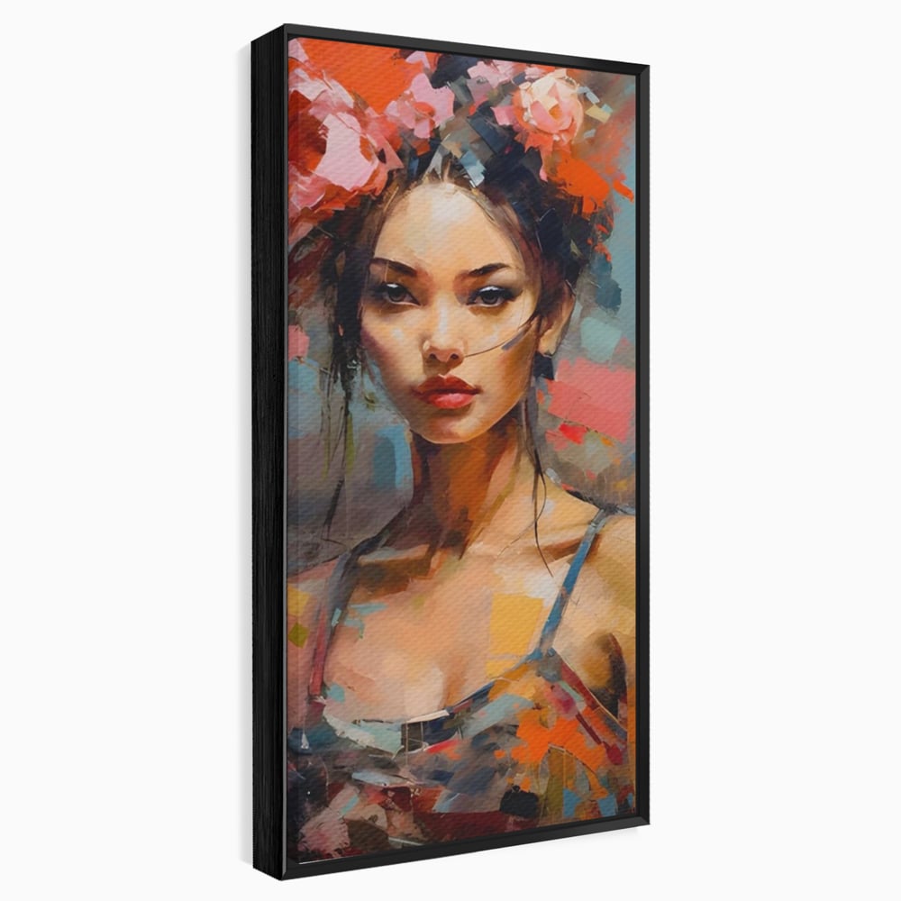 Tablou Canvas Premium LuxCanva® A1410, Fata Cu Flori In Par , Room, Femeie, Frumusete, Senzualitate, Decorativ, Studio, Culori Vibrante
