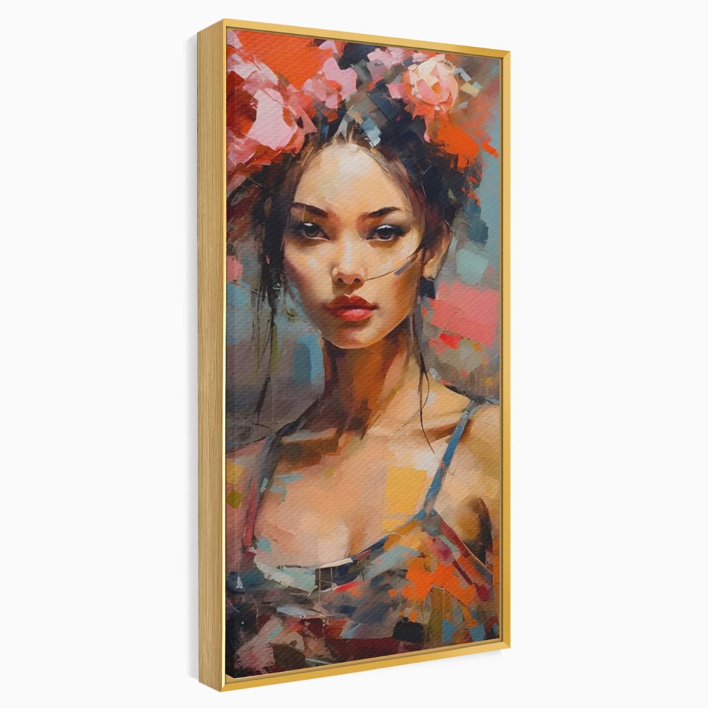 Tablou Canvas Premium LuxCanva® A1410, Fata Cu Flori In Par , Room, Femeie, Frumusete, Senzualitate, Decorativ, Studio, Culori Vibrante
