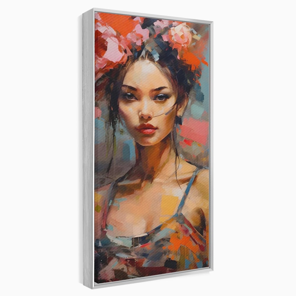 Tablou Canvas Premium LuxCanva® A1410, Fata Cu Flori In Par , Room, Femeie, Frumusete, Senzualitate, Decorativ, Studio, Culori Vibrante