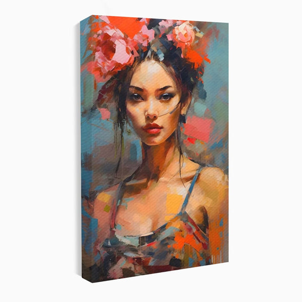 Tablou Canvas Premium LuxCanva® A1410, Fata Cu Flori In Par , Room, Femeie, Frumusete, Senzualitate, Decorativ, Studio, Culori Vibrante