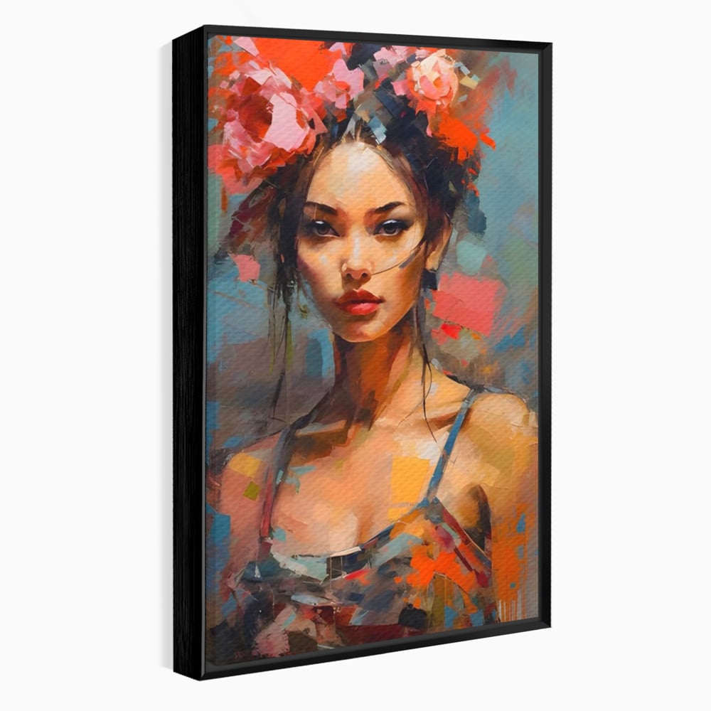 Tablou Canvas Premium LuxCanva® A1410, Fata Cu Flori In Par , Room, Femeie, Frumusete, Senzualitate, Decorativ, Studio, Culori Vibrante