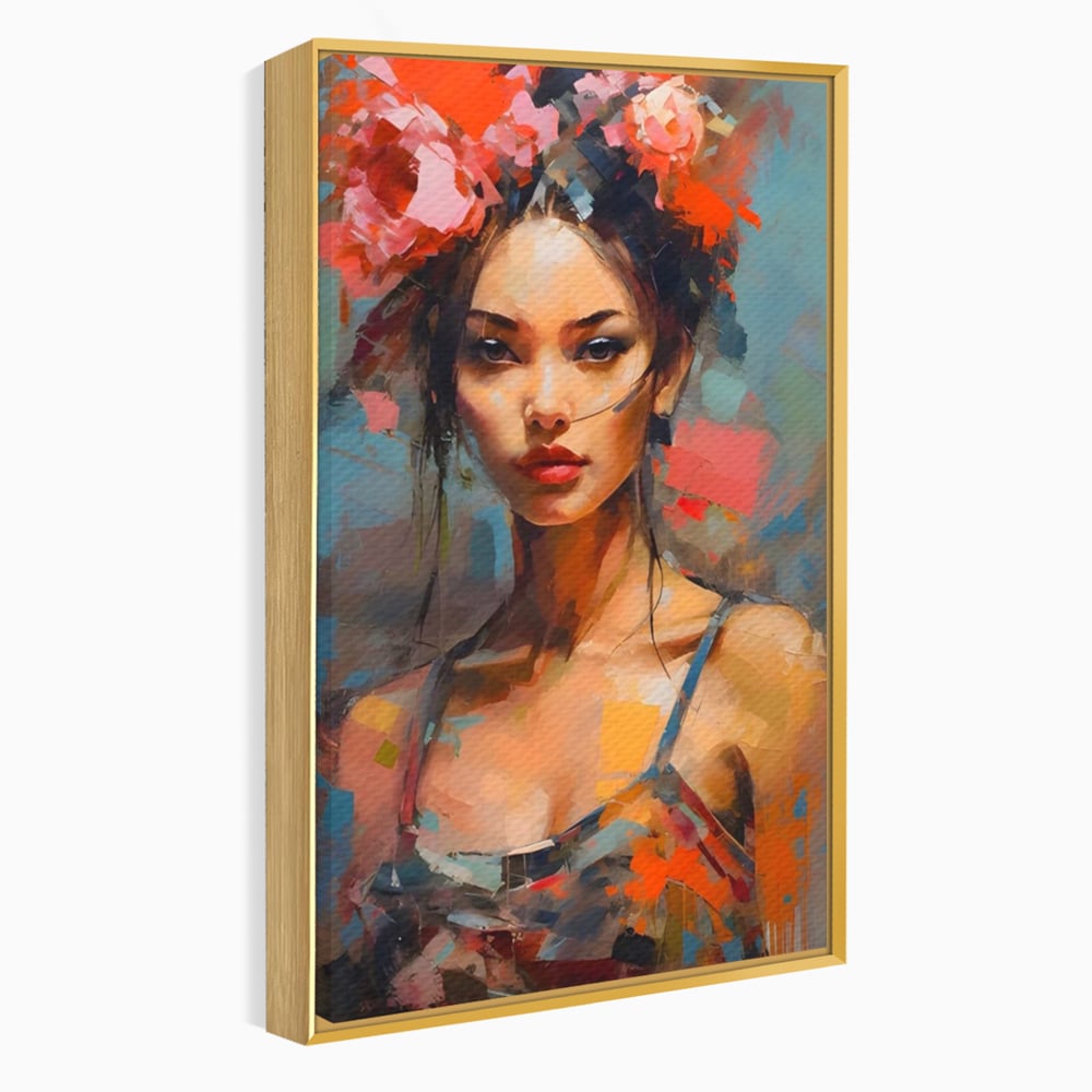 Tablou Canvas Premium LuxCanva® A1410, Fata Cu Flori In Par , Room, Femeie, Frumusete, Senzualitate, Decorativ, Studio, Culori Vibrante