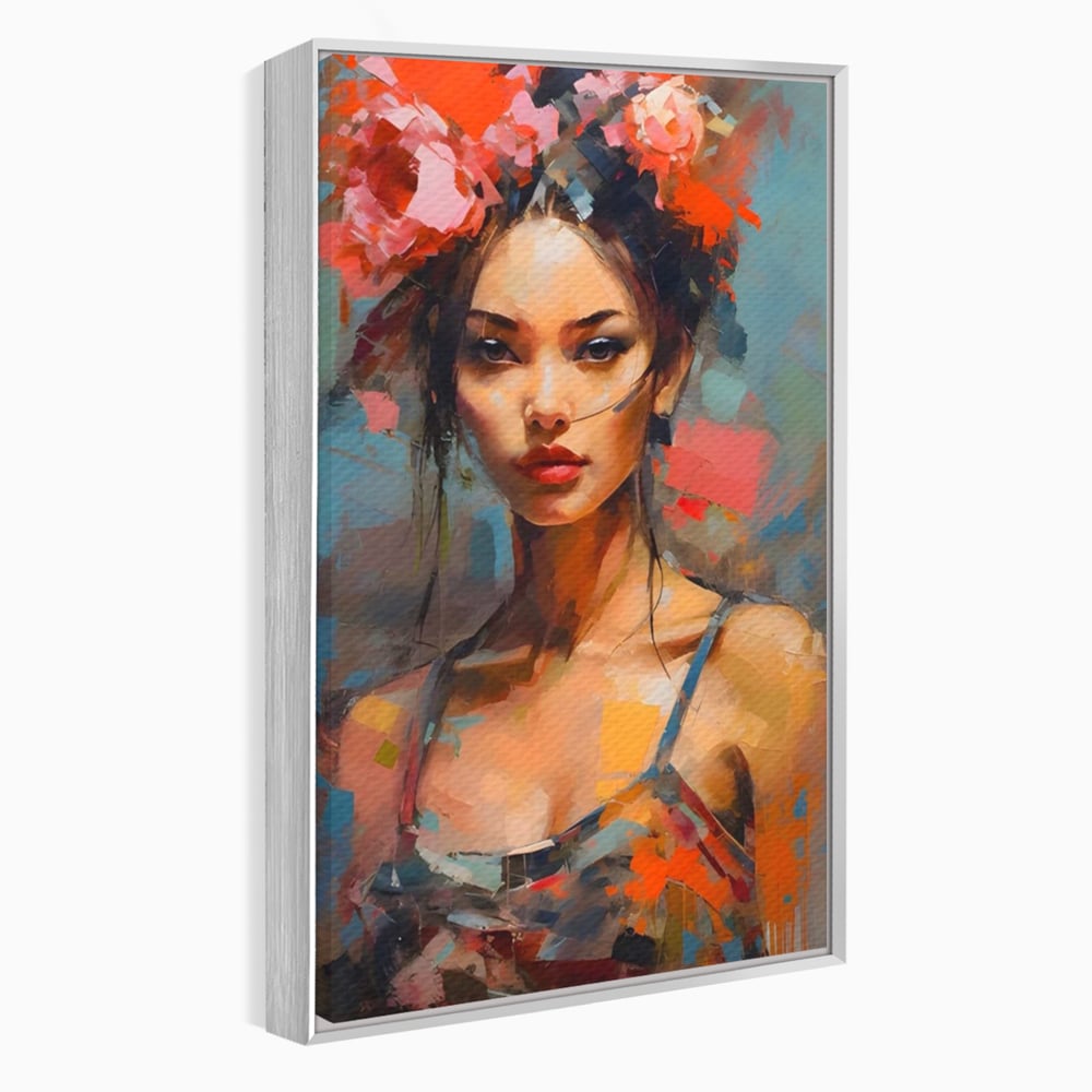 Tablou Canvas Premium LuxCanva® A1410, Fata Cu Flori In Par , Room, Femeie, Frumusete, Senzualitate, Decorativ, Studio, Culori Vibrante