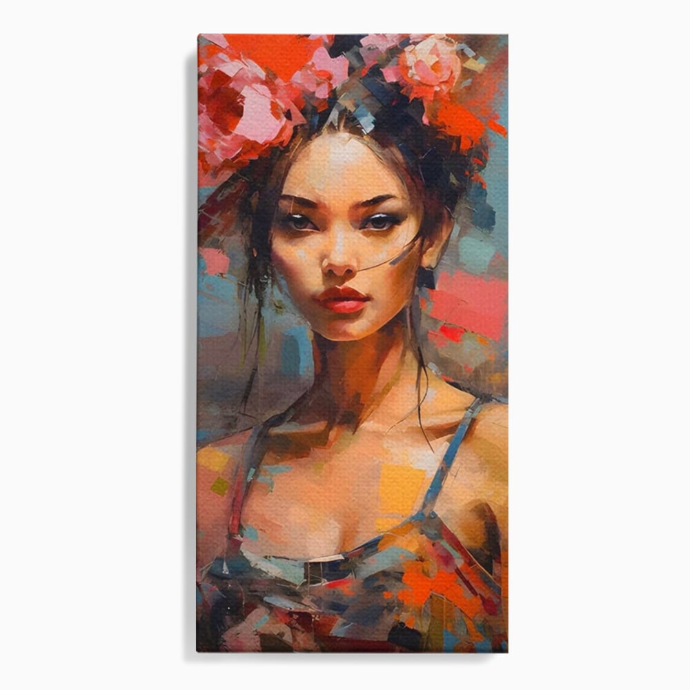 Tablou Canvas Premium LuxCanva® A1410, Fata Cu Flori In Par , Room, Femeie, Frumusete, Senzualitate, Decorativ, Studio, Culori Vibrante
