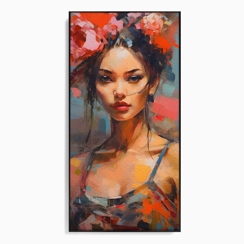 Tablou Canvas Premium LuxCanva® A1410, Fata Cu Flori In Par , Room, Femeie, Frumusete, Senzualitate, Decorativ, Studio, Culori Vibrante