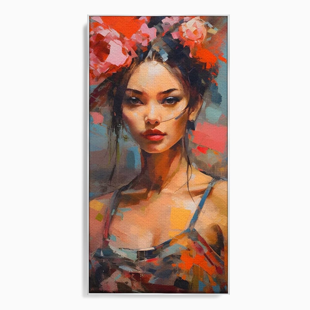 Tablou Canvas Premium LuxCanva® A1410, Fata Cu Flori In Par , Room, Femeie, Frumusete, Senzualitate, Decorativ, Studio, Culori Vibrante