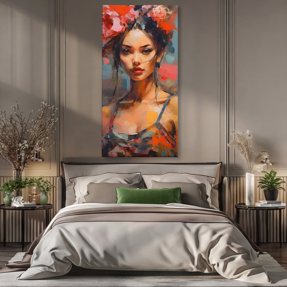 Tablou Canvas Premium LuxCanva® A1410, Fata Cu Flori In Par , Room, Femeie, Frumusete, Senzualitate, Decorativ, Studio, Culori Vibrante