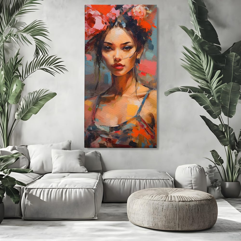 Tablou Canvas Premium LuxCanva® A1410, Fata Cu Flori In Par , Room, Femeie, Frumusete, Senzualitate, Decorativ, Studio, Culori Vibrante