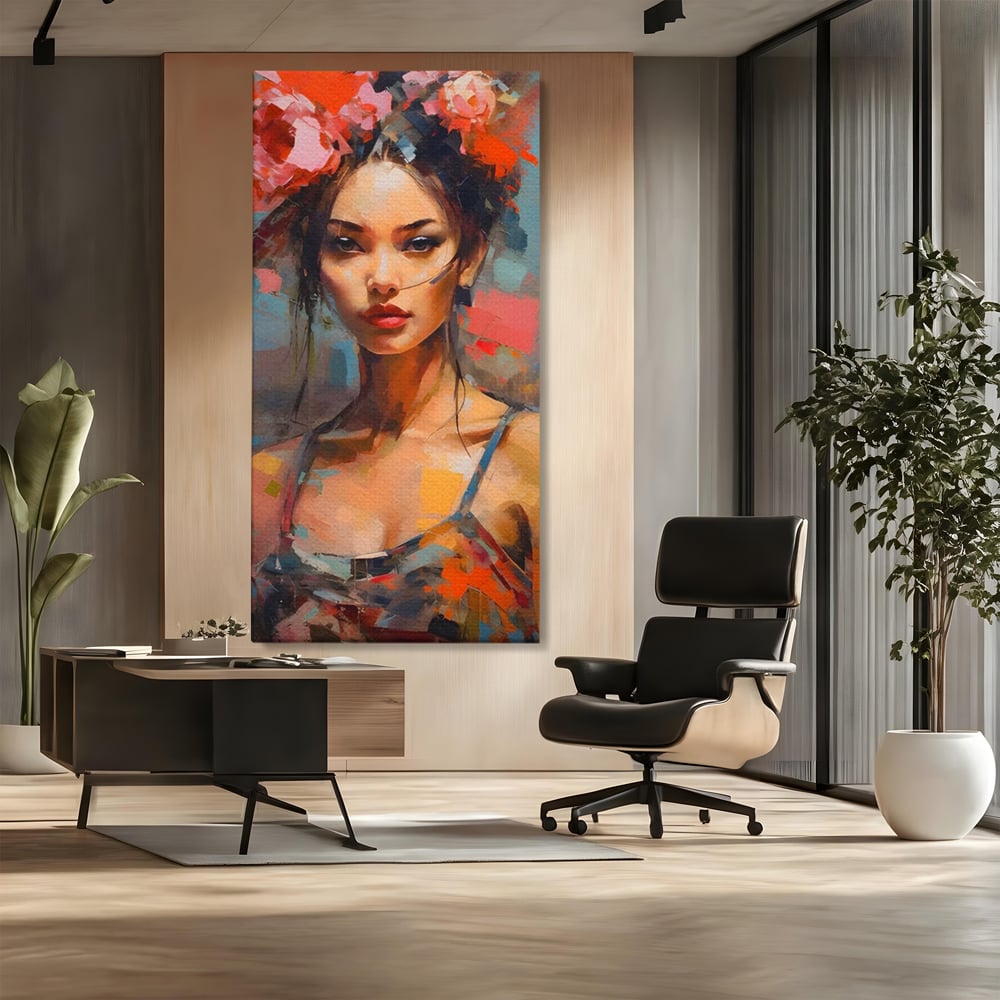 Tablou Canvas Premium LuxCanva® A1410, Fata Cu Flori In Par , Room, Femeie, Frumusete, Senzualitate, Decorativ, Studio, Culori Vibrante