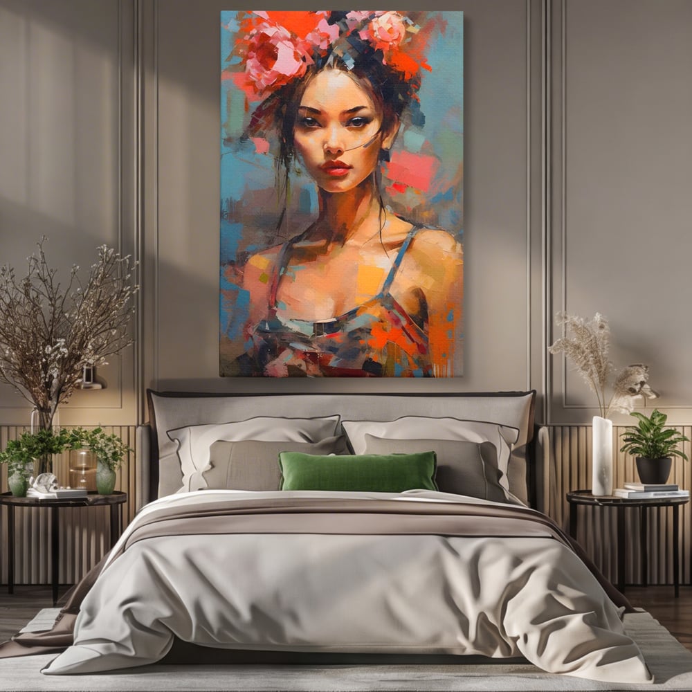 Tablou Canvas Premium LuxCanva® A1410, Fata Cu Flori In Par , Room, Femeie, Frumusete, Senzualitate, Decorativ, Studio, Culori Vibrante