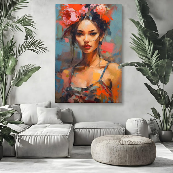 Tablou Canvas Premium LuxCanva® A1410, Fata Cu Flori In Par , Room, Femeie, Frumusete, Senzualitate, Decorativ, Studio, Culori Vibrante
