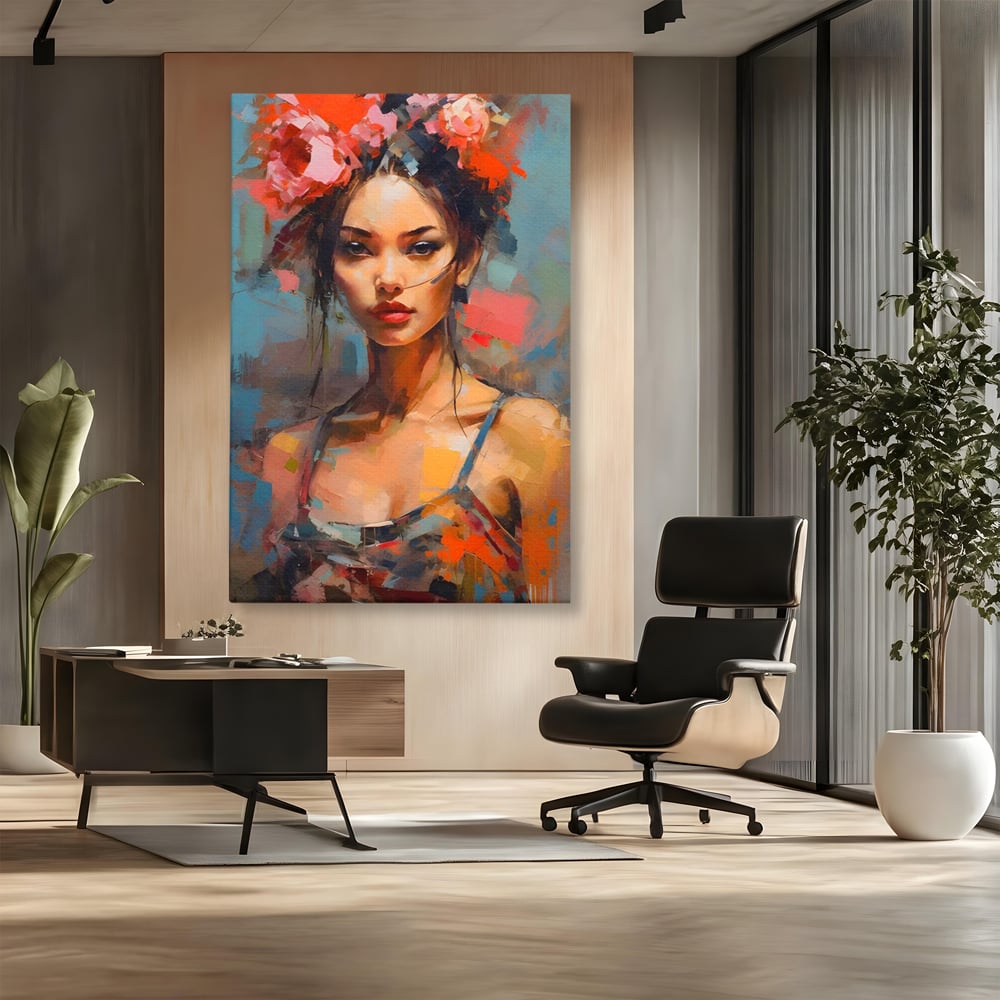 Tablou Canvas Premium LuxCanva® A1410, Fata Cu Flori In Par , Room, Femeie, Frumusete, Senzualitate, Decorativ, Studio, Culori Vibrante