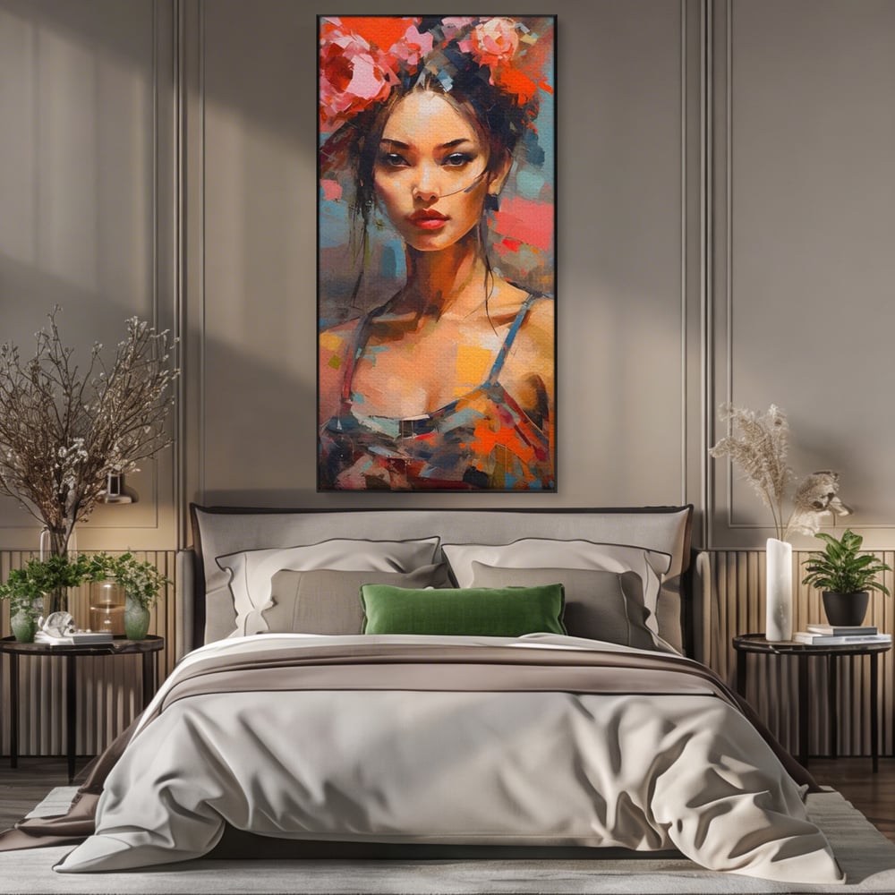 Tablou Canvas Premium LuxCanva® A1410, Fata Cu Flori In Par , Room, Femeie, Frumusete, Senzualitate, Decorativ, Studio, Culori Vibrante