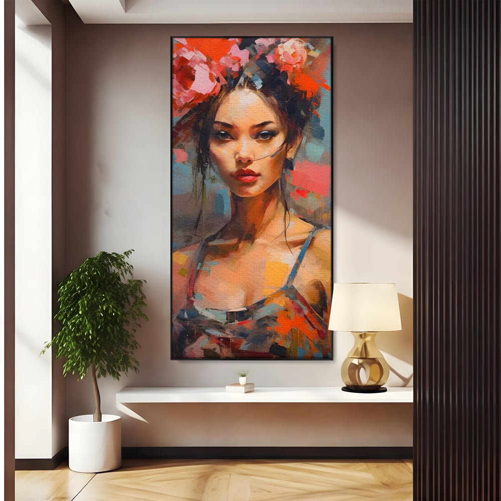 Tablou Canvas Premium LuxCanva® A1410, Fata Cu Flori In Par , Room, Femeie, Frumusete, Senzualitate, Decorativ, Studio, Culori Vibrante