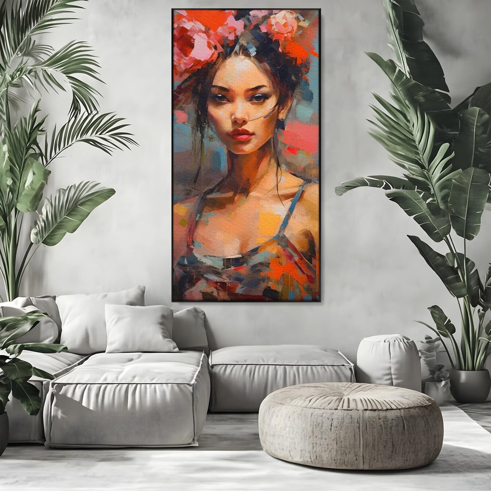 Tablou Canvas Premium LuxCanva® A1410, Fata Cu Flori In Par , Room, Femeie, Frumusete, Senzualitate, Decorativ, Studio, Culori Vibrante