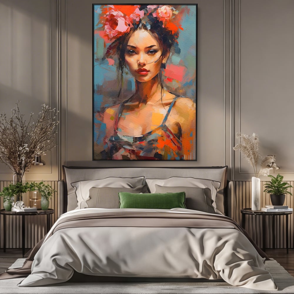 Tablou Canvas Premium LuxCanva® A1410, Fata Cu Flori In Par , Room, Femeie, Frumusete, Senzualitate, Decorativ, Studio, Culori Vibrante