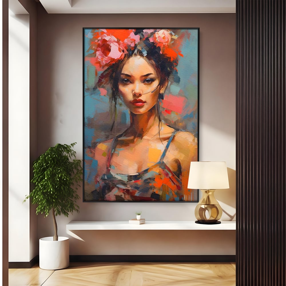 Tablou Canvas Premium LuxCanva® A1410, Fata Cu Flori In Par , Room, Femeie, Frumusete, Senzualitate, Decorativ, Studio, Culori Vibrante