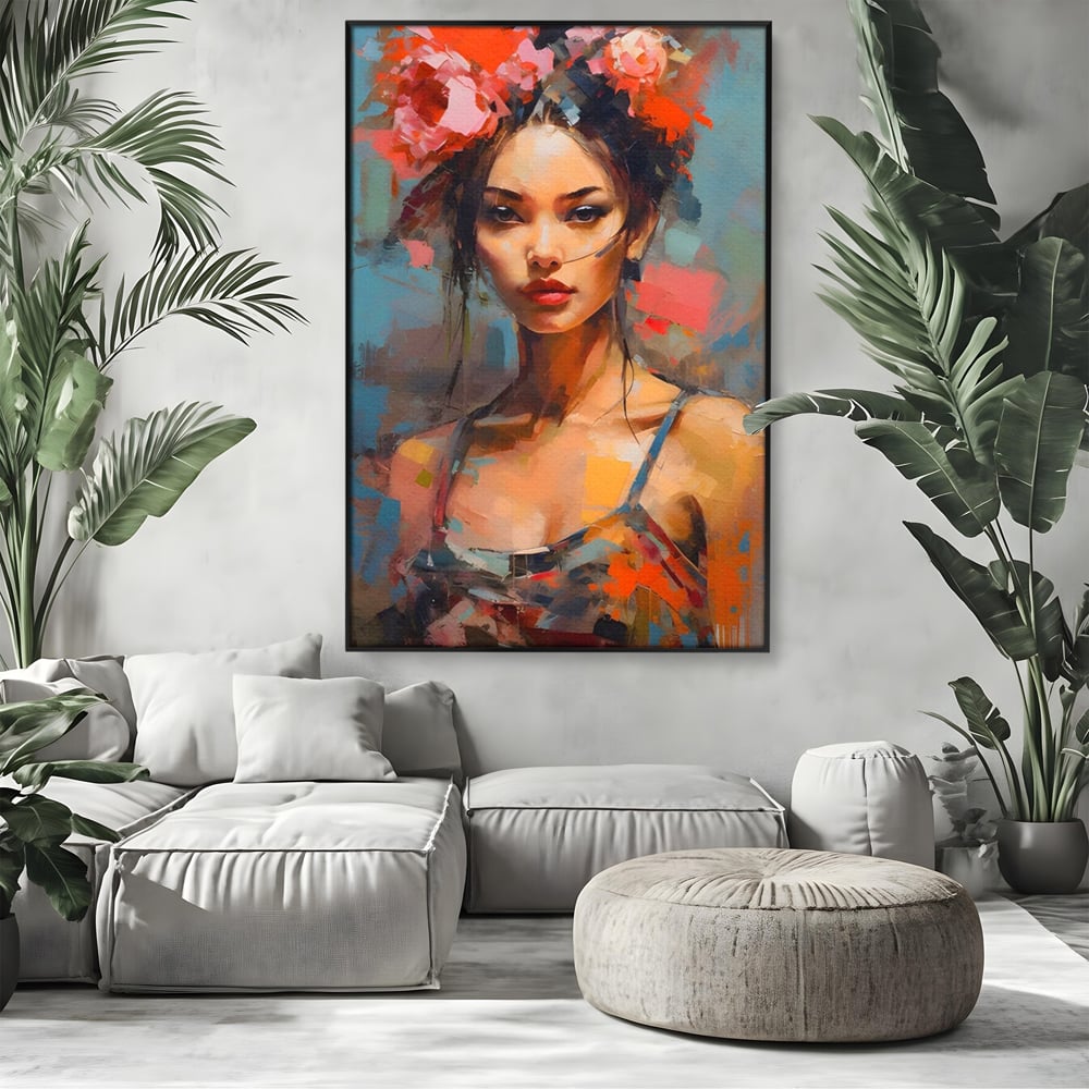 Tablou Canvas Premium LuxCanva® A1410, Fata Cu Flori In Par , Room, Femeie, Frumusete, Senzualitate, Decorativ, Studio, Culori Vibrante
