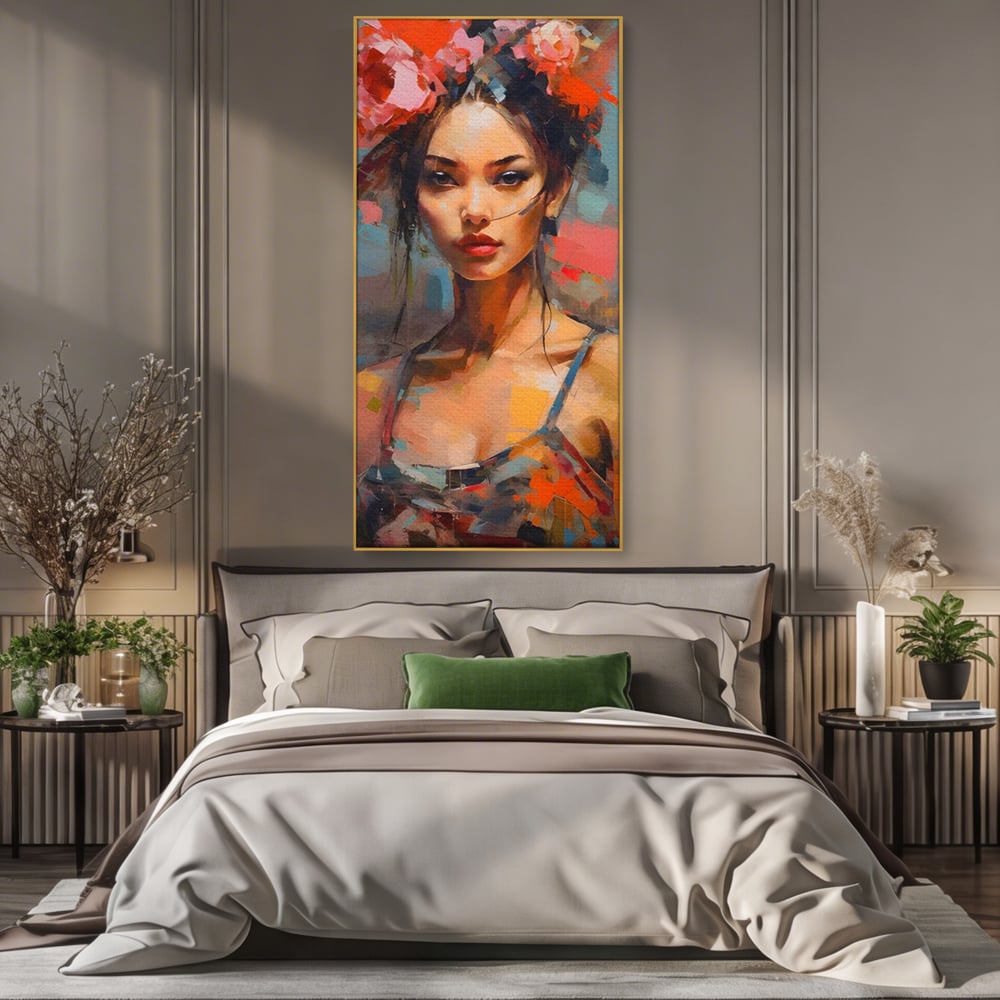 Tablou Canvas Premium LuxCanva® A1410, Fata Cu Flori In Par , Room, Femeie, Frumusete, Senzualitate, Decorativ, Studio, Culori Vibrante