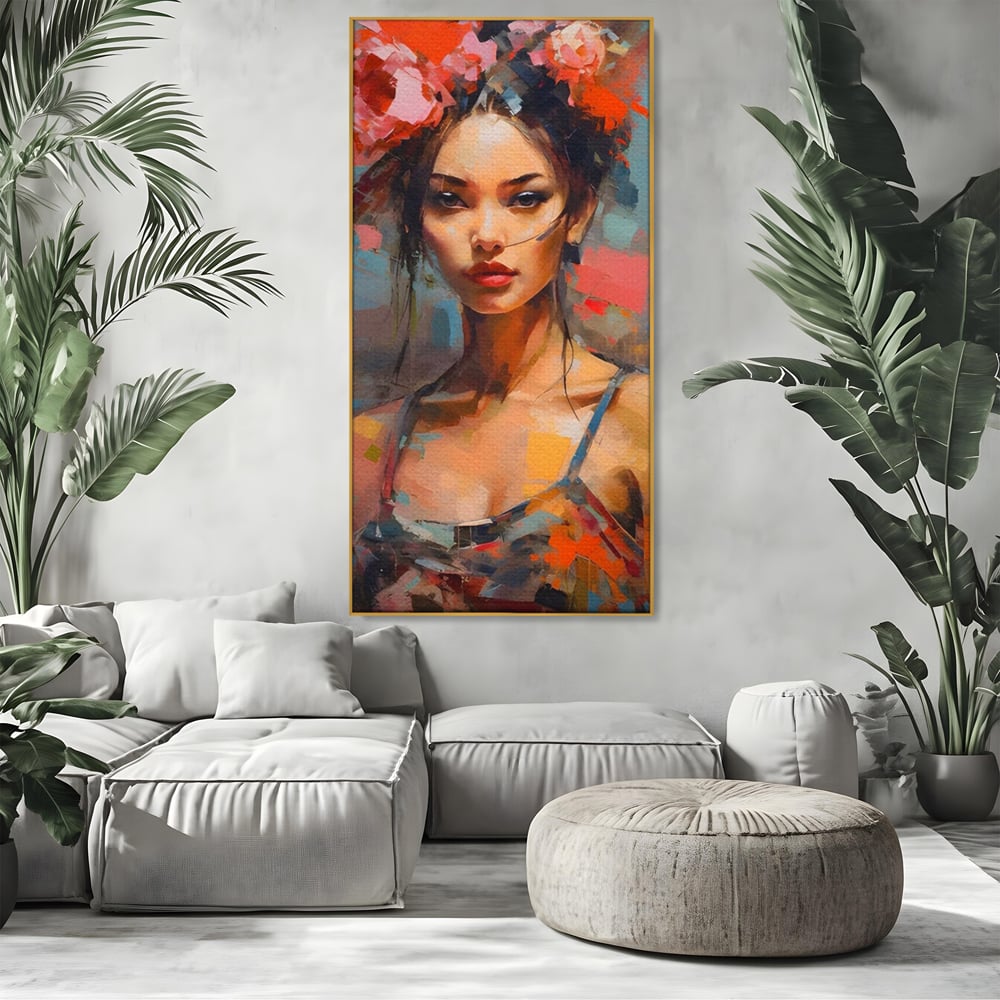 Tablou Canvas Premium LuxCanva® A1410, Fata Cu Flori In Par , Room, Femeie, Frumusete, Senzualitate, Decorativ, Studio, Culori Vibrante