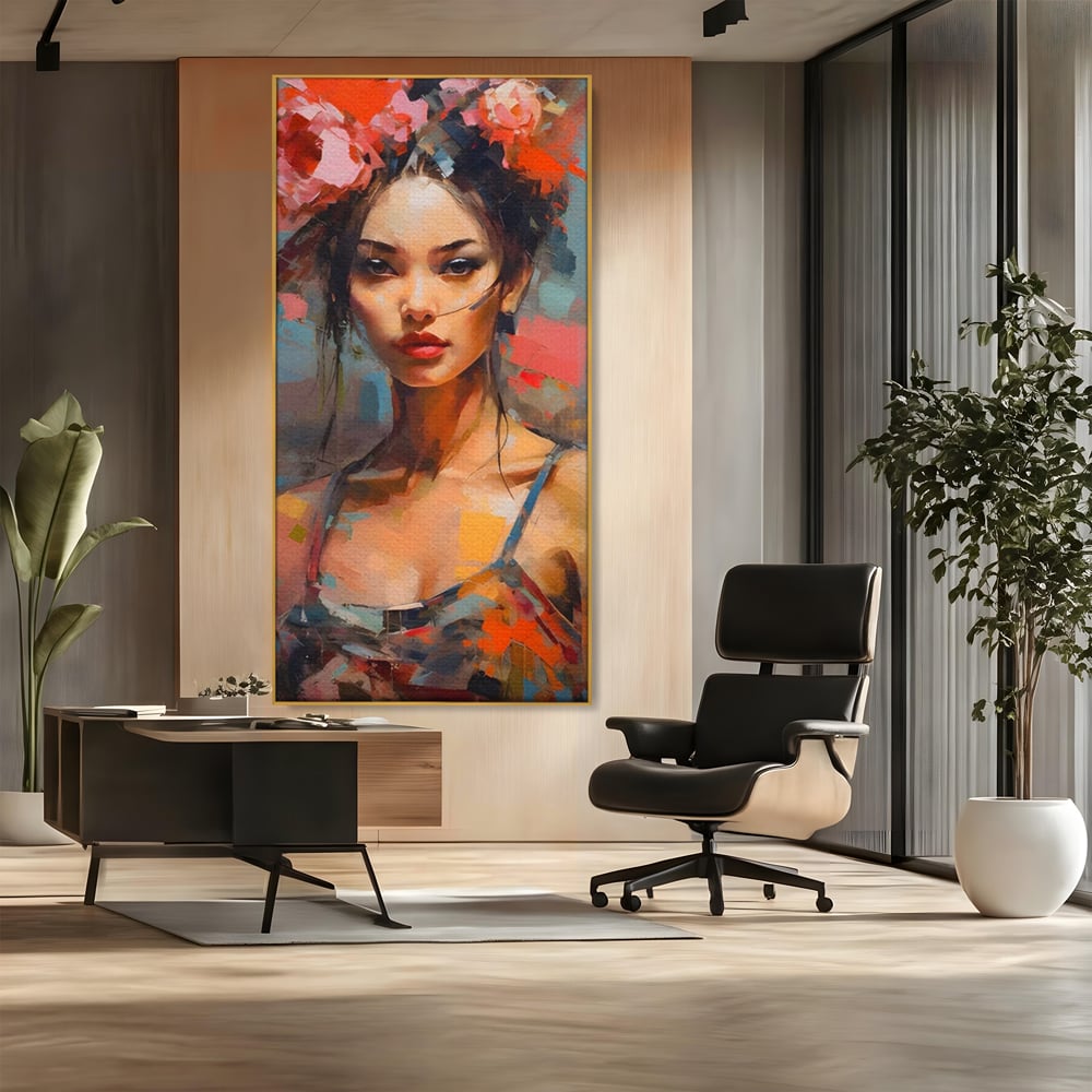 Tablou Canvas Premium LuxCanva® A1410, Fata Cu Flori In Par , Room, Femeie, Frumusete, Senzualitate, Decorativ, Studio, Culori Vibrante