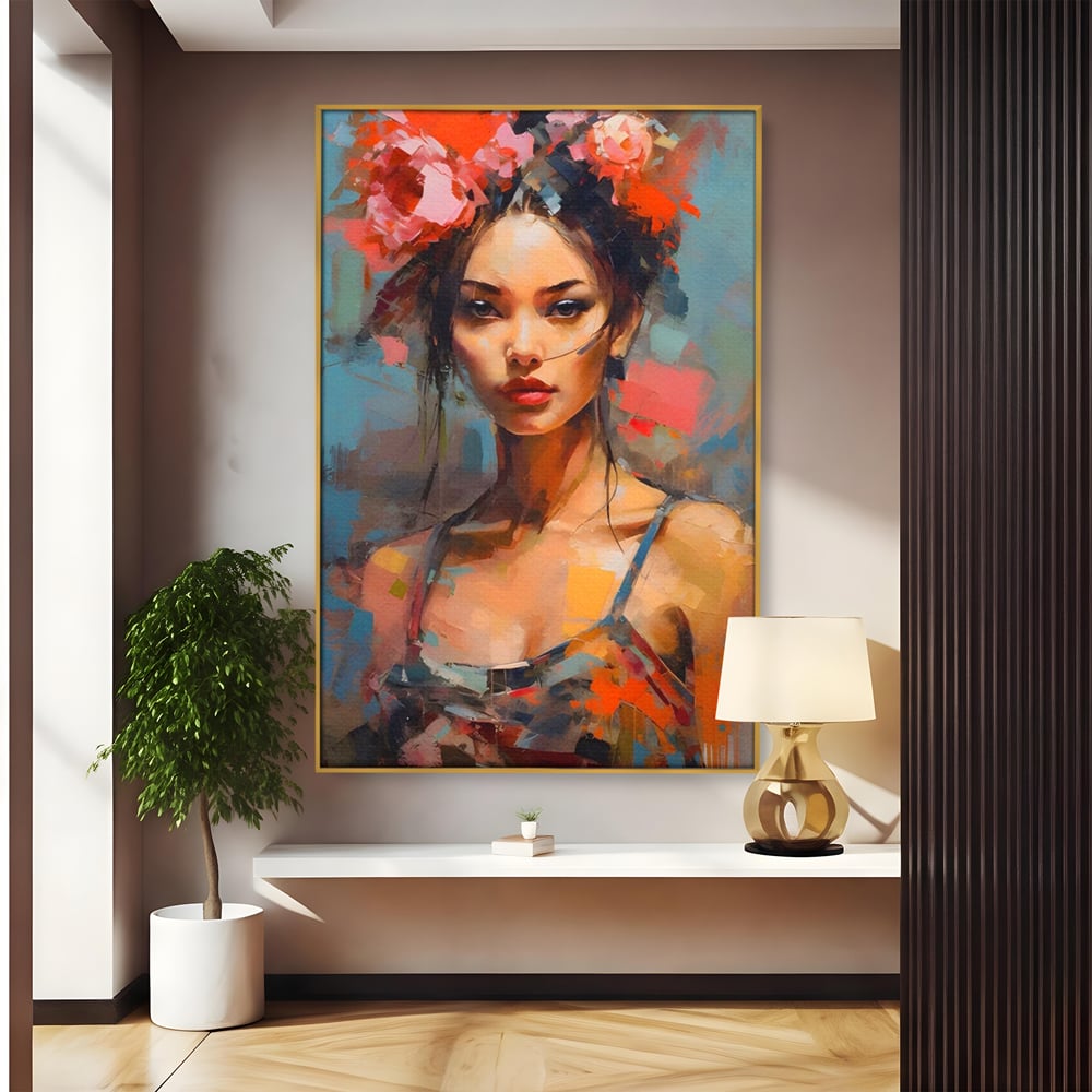 Tablou Canvas Premium LuxCanva® A1410, Fata Cu Flori In Par , Room, Femeie, Frumusete, Senzualitate, Decorativ, Studio, Culori Vibrante