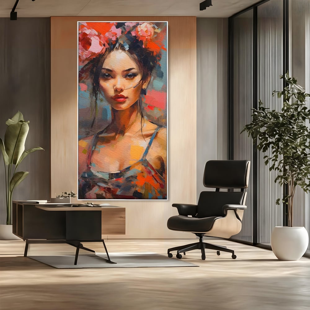 Tablou Canvas Premium LuxCanva® A1410, Fata Cu Flori In Par , Room, Femeie, Frumusete, Senzualitate, Decorativ, Studio, Culori Vibrante
