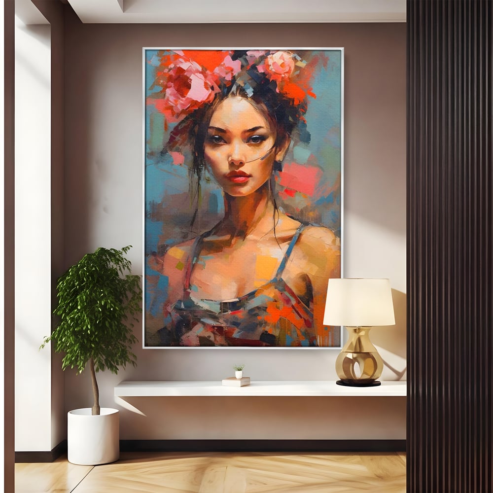 Tablou Canvas Premium LuxCanva® A1410, Fata Cu Flori In Par , Room, Femeie, Frumusete, Senzualitate, Decorativ, Studio, Culori Vibrante