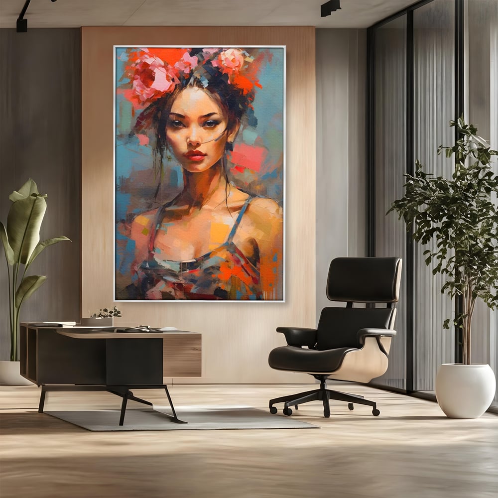 Tablou Canvas Premium LuxCanva® A1410, Fata Cu Flori In Par , Room, Femeie, Frumusete, Senzualitate, Decorativ, Studio, Culori Vibrante