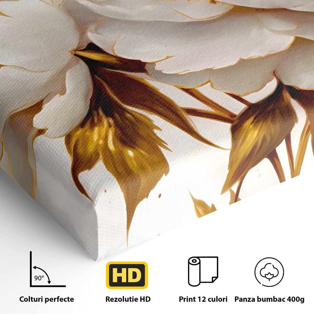 Leinwand Wandbilder Premium LuxCanva® A1413, Weiße Blumen, Zimmer, Frühling, Gold, Pfingstrose, Dekorativ, Wohnen, Lebendige Farben
