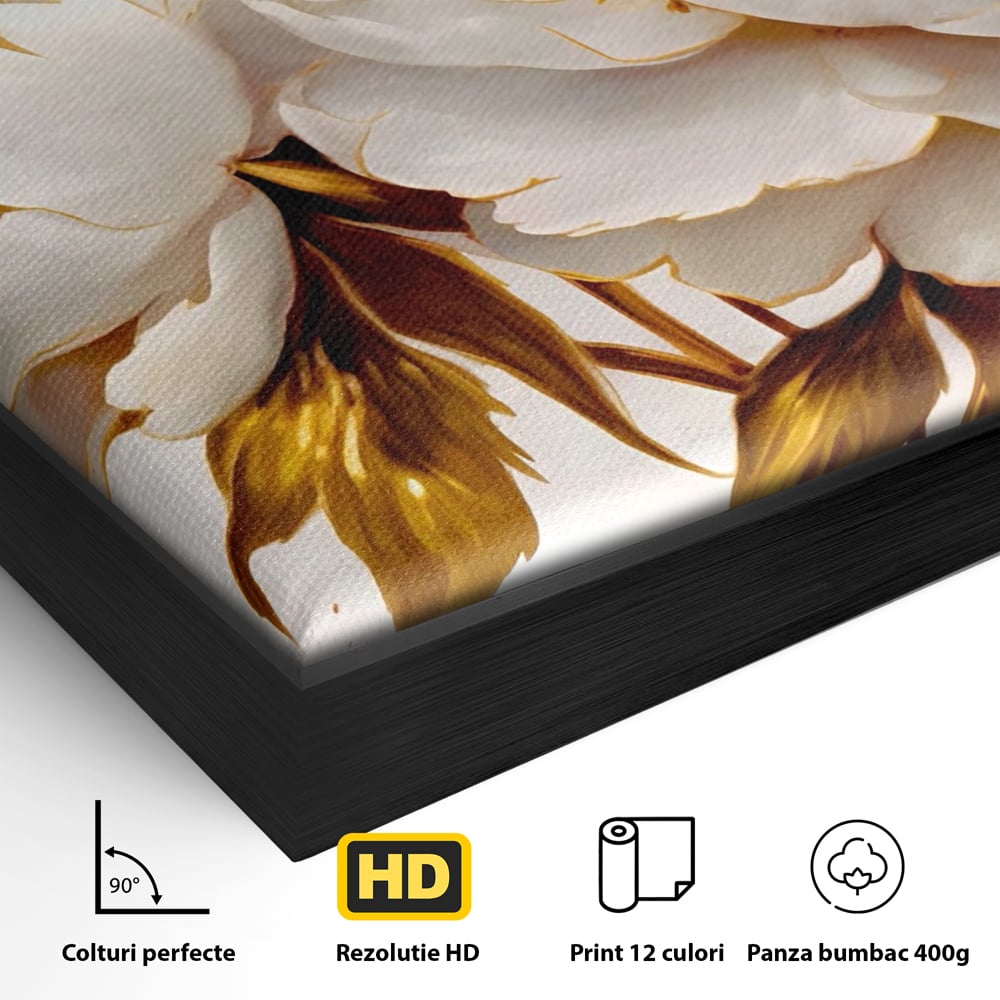 Leinwand Wandbilder Premium LuxCanva® A1413, Weiße Blumen, Zimmer, Frühling, Gold, Pfingstrose, Dekorativ, Wohnen, Lebendige Farben