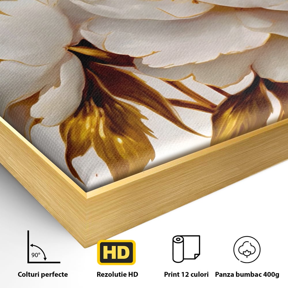 Leinwand Wandbilder Premium LuxCanva® A1413, Weiße Blumen, Zimmer, Frühling, Gold, Pfingstrose, Dekorativ, Wohnen, Lebendige Farben
