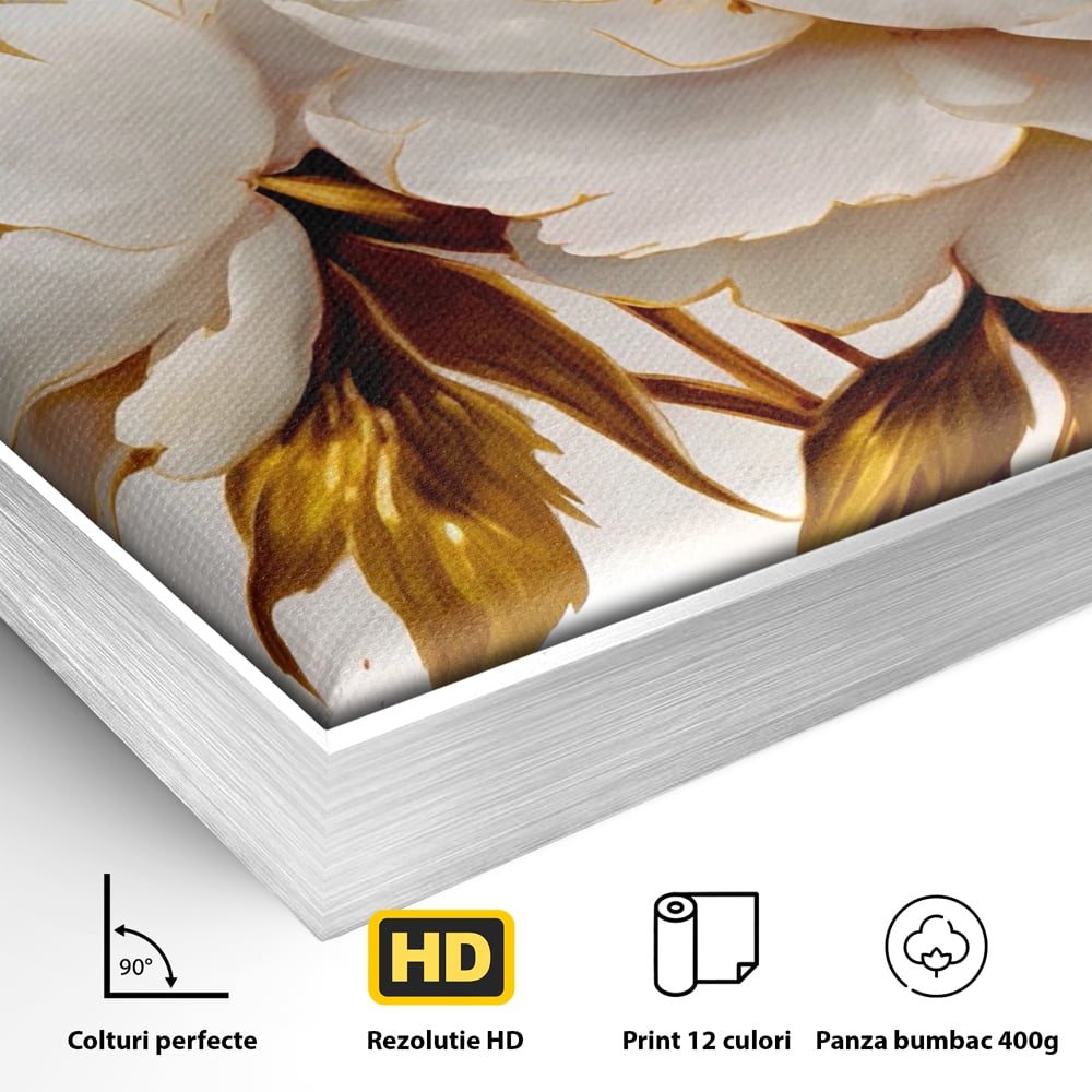 Leinwand Wandbilder Premium LuxCanva® A1413, Weiße Blumen, Zimmer, Frühling, Gold, Pfingstrose, Dekorativ, Wohnen, Lebendige Farben