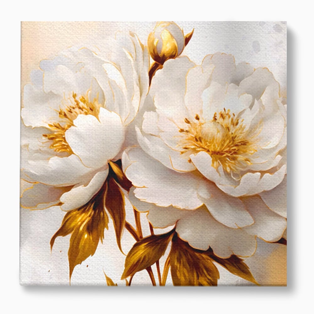 Leinwand Wandbilder Premium LuxCanva® A1413, Weiße Blumen, Zimmer, Frühling, Gold, Pfingstrose, Dekorativ, Wohnen, Lebendige Farben