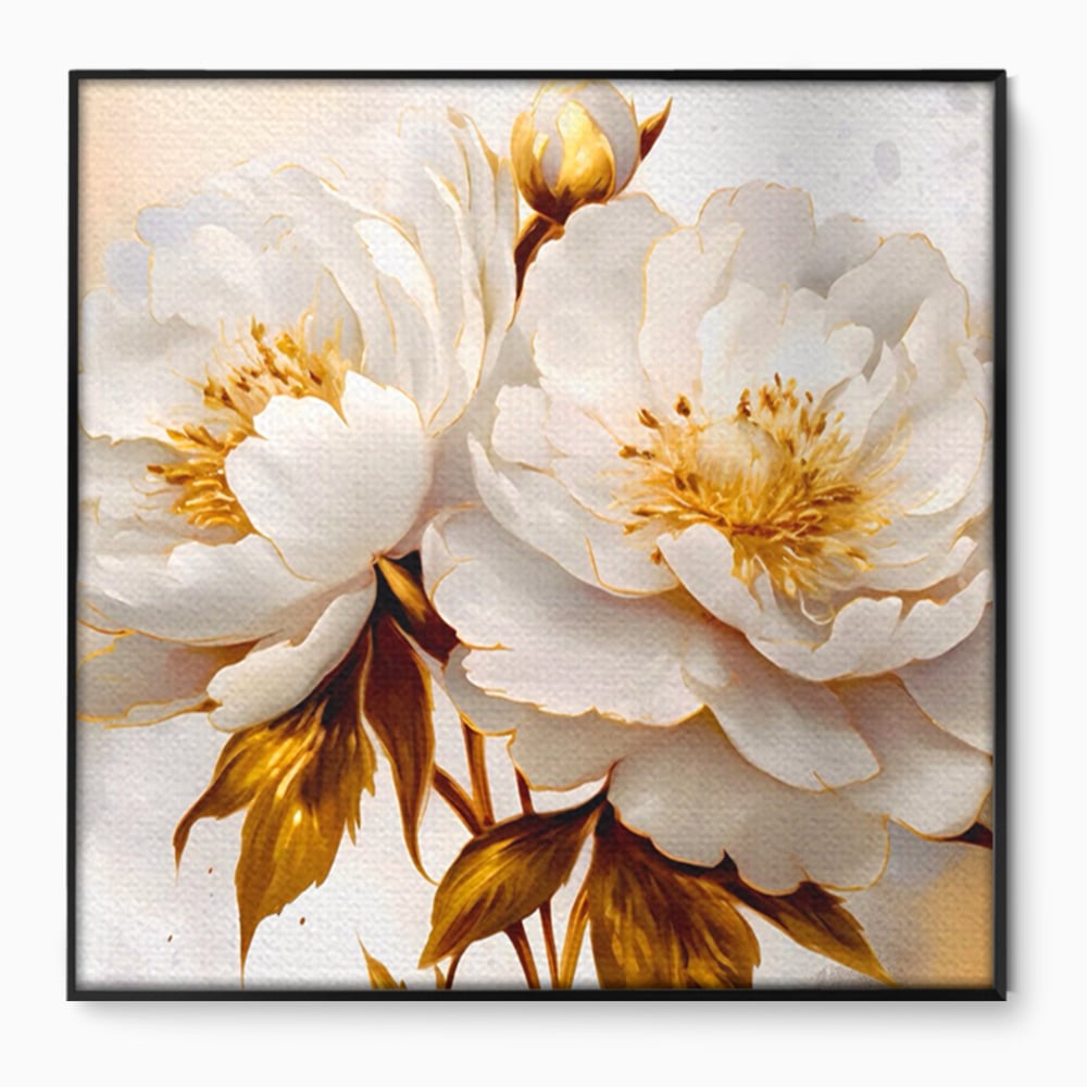 Leinwand Wandbilder Premium LuxCanva® A1413, Weiße Blumen, Zimmer, Frühling, Gold, Pfingstrose, Dekorativ, Wohnen, Lebendige Farben