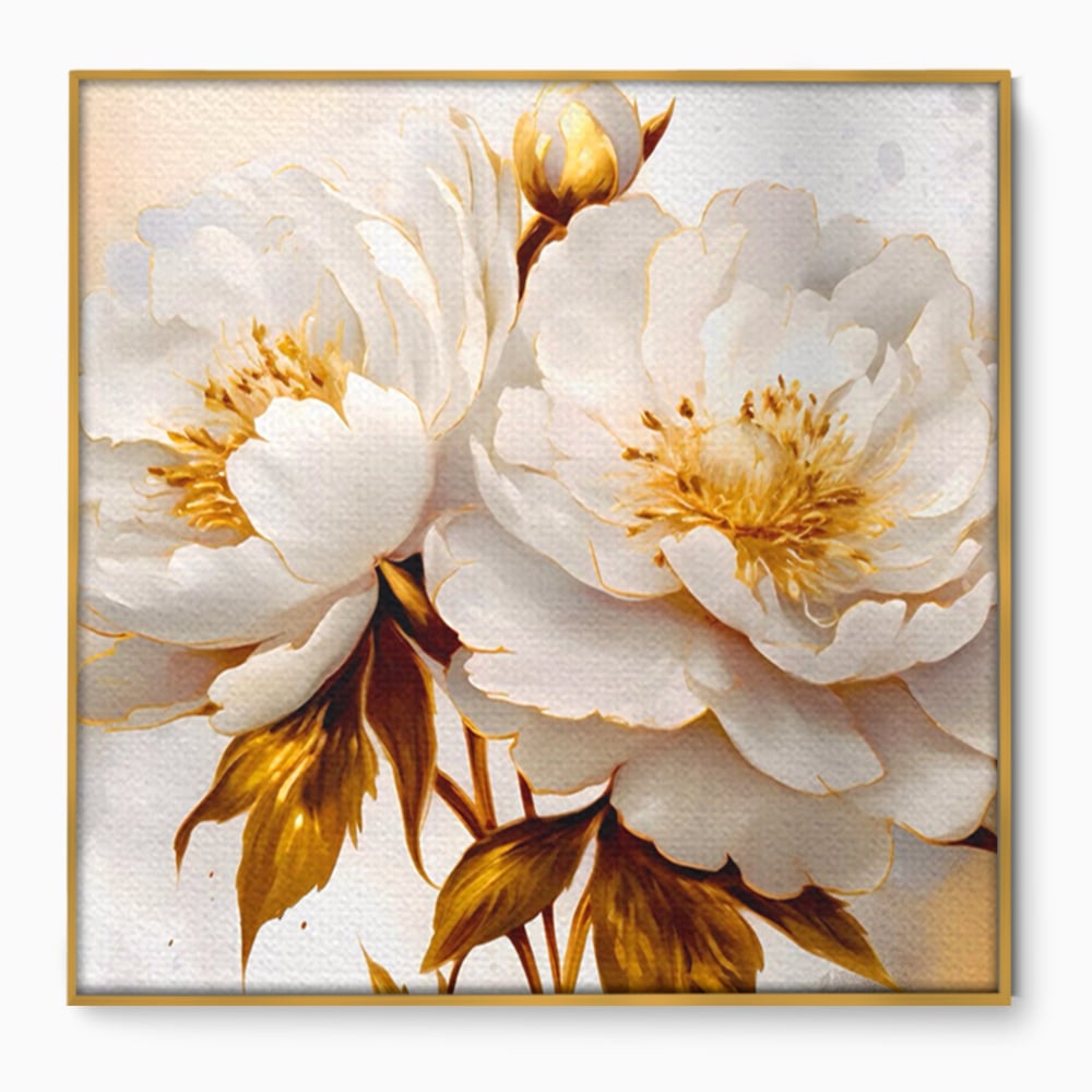 Leinwand Wandbilder Premium LuxCanva® A1413, Weiße Blumen, Zimmer, Frühling, Gold, Pfingstrose, Dekorativ, Wohnen, Lebendige Farben