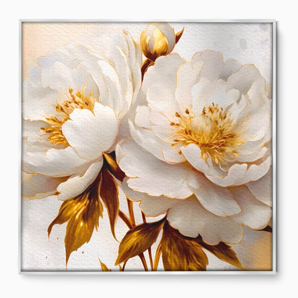 Leinwand Wandbilder Premium LuxCanva® A1413, Weiße Blumen, Zimmer, Frühling, Gold, Pfingstrose, Dekorativ, Wohnen, Lebendige Farben