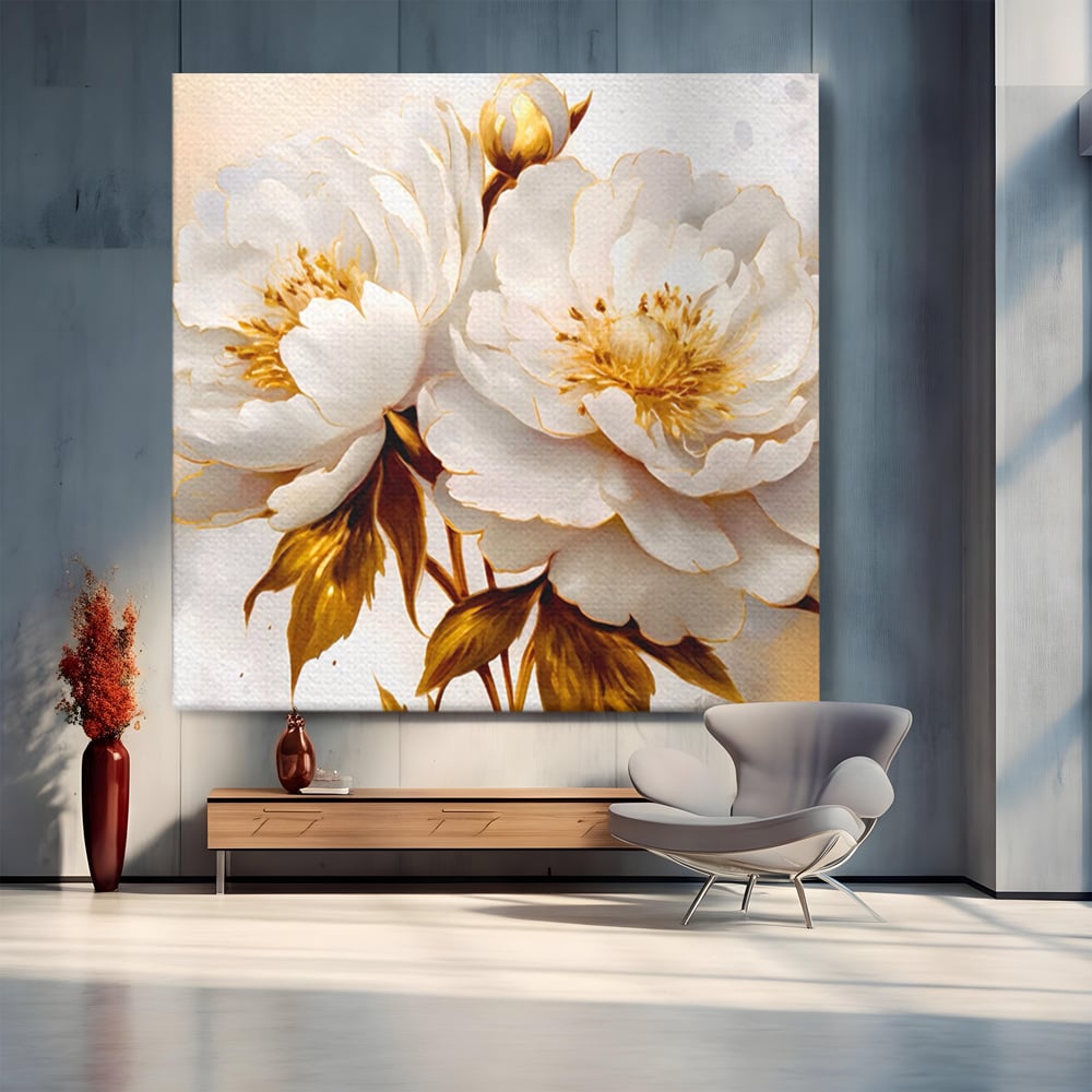 Leinwand Wandbilder Premium LuxCanva® A1413, Weiße Blumen, Zimmer, Frühling, Gold, Pfingstrose, Dekorativ, Wohnen, Lebendige Farben