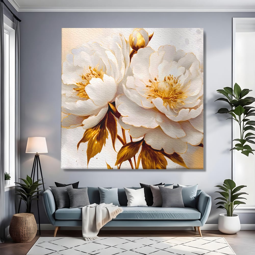 Leinwand Wandbilder Premium LuxCanva® A1413, Weiße Blumen, Zimmer, Frühling, Gold, Pfingstrose, Dekorativ, Wohnen, Lebendige Farben